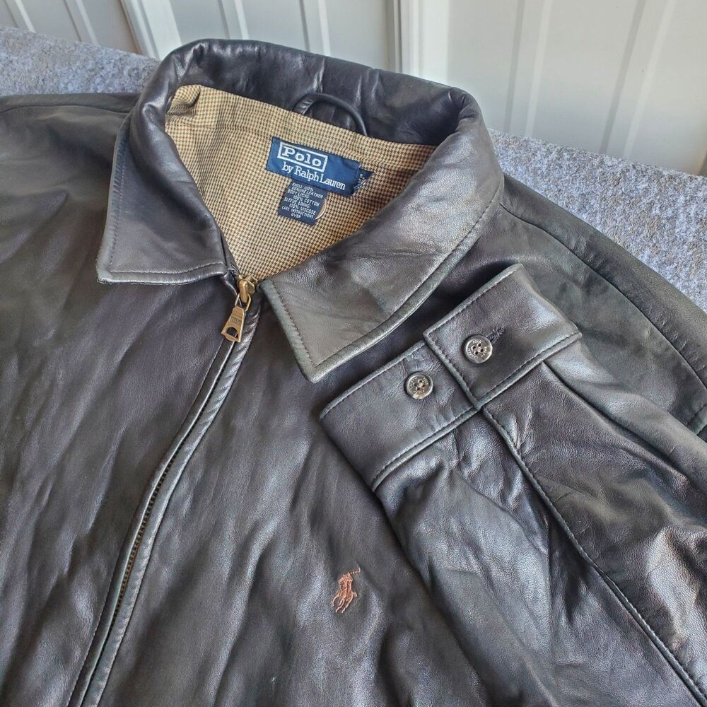 VTG Polo Ralph Lauren Men's XL Black Leather Bomber Jacket Plaid Lined Zip